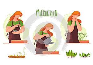 The girl grows microgreen from seeds. Organic food, herbs, healthy eating. Ðt home seeds and sprouts.