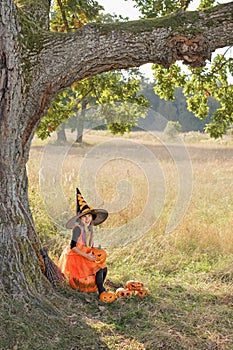 A girl in guise of witch is laughing merrily sitting under huge tree trunk on edge of forest with carved frightening pumpkins