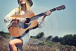 Girl Guitar Hill Vacation Music Song Happiness Concept