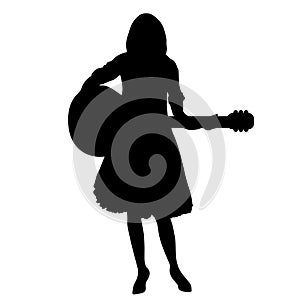 Girl guitar player silhouette, contour drawing, outline black and white portrait, vector illustration. Woman in lush skirt with a