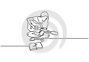 Girl with a guitar. single line drawing. Continuous one lineart of music song writer concept. Woman sing and arrange songs notes