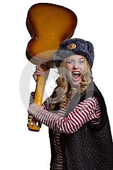 Girl with guitar in a soldier's cap