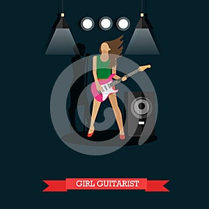 Girl Guitarist playing electric guitar on stage, vector illustration.