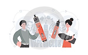 A girl and a guy are holding a vaping system in their hands. Flat style. The concept of vapor and vape. Vector