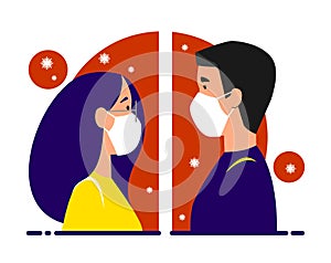 The girl and the guy in medical masks are standing opposite each other, separated due to the coronavirus. Stay home, quarantine,