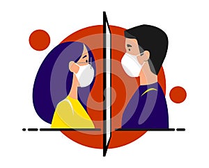 A girl and a guy in medical masks are standing opposite each other, between them is a glass, a window. Separated due to