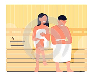 Girl and guy relaxing in hot sauna. Couple washing in Russian bathhouse. Hygiene and skin beauty. People sitting on