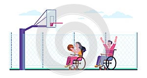 Girl and guy in wheelchairs playing basketball. Outdoor sports field. Disabled people throwing ball. Happy paralyzed man