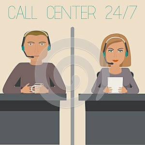A girl and a guy working in support, call center.