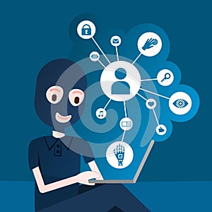 Girl hacker black mask over relation diagram diversity icon on blue background security and protection General Data