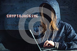 Girl hacker without a face is trying to steal cryptocurrency using a computer. Fraud and scam at Cryptojacking