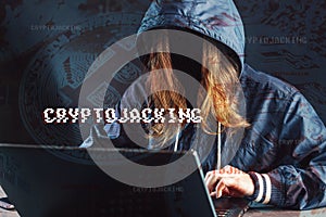 Girl hacker without a face is trying to steal cryptocurrency using a computer. Fraud and scam at Cryptojacking