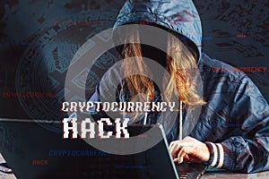 Girl hacker without a face is trying to steal cryptocurrency using a computer. Fraud and scam at Cryptojacking