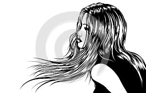 Girl with hair on the wind. Vector image.