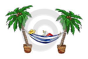A girl in a hammock between palm trees on a white background