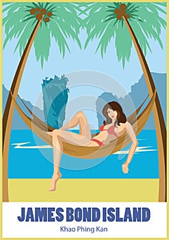 Girl in a hammock under the palm trees. James bond island, Thailand.