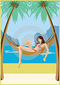 Girl in a hammock under the palm trees. Tropical poster.