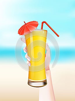 Vector woman hand summer realistic cocktail glass