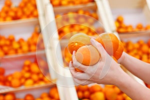 Girl hands hold oranges in large shop photo