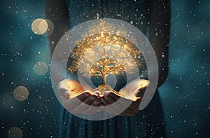 Girl hands holding shiny magic tree. Spiritual concept of life and growth.