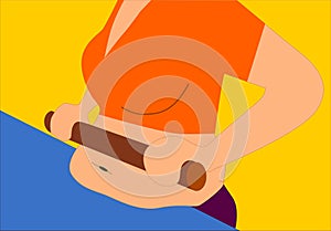 Girl hands keep rolling pin with fat on body. concept to reduce belly. vector art style illustration.