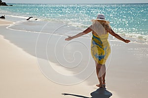 Girl with hands stretched walking by sea