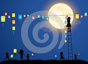 Girl hanging the Chinese lantern under moonlight vector illustration