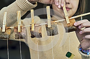 Girl hanging used tea bags for drying