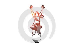 Girl, happy, jump, childhood, joy concept. Hand drawn isolated vector.