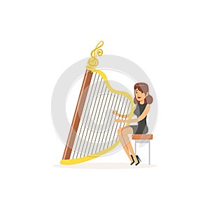 Girl harpist performing musical composition