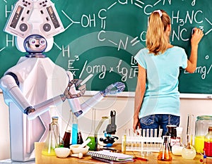 Girl has interactive online learning chemistry and biology course.