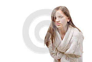 Girl has a stomachache, isolated on white background