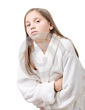 Girl has a stomachache, isolated on white background