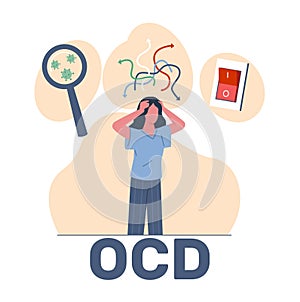 Girl has symptoms of obsessive compulsive disorder, fear and obsessive thoughts about turning on or off, germs. Woman