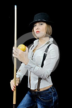 Girl in hat with billiard cue