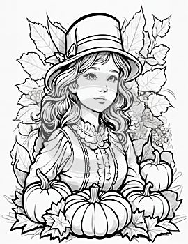 girl in hat coloring book for kids and adults for thanksgiving day