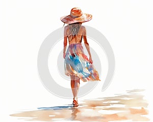 Girl in hat and pareo skirt walking on beach. The sea and sun. Watercolor illustration.