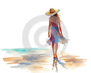 Girl in hat and pareo skirt walking on beach. The sea and sun. Watercolor illustration on white background.