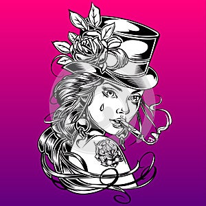 Girl Hat Rose Retro Smoke Drawing Vector