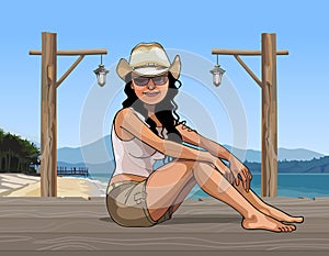 Girl in a hat sitting on a pier in the sea