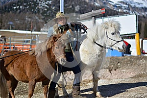 The girl in the hat with the two runaway horses