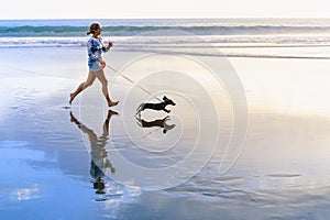 Girl have fun with dachshund dog, run by sea beach