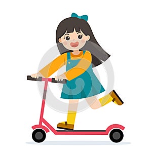 A girl having free time playing for riding kick scooters outdoors
