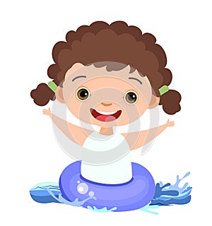 Girl is having fun. Waves of water in river, sea or ocean. swimming circle, diving and water sports. Pool. Isolated on photo