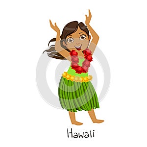 Girl In Hawaii Country National Clothes, Wearing Leaf Skirt And Neck Flower Garland Traditional For The Nation