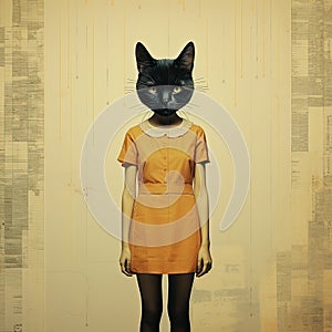 A girl with the head of a black cat in a yellow dress on an abstract background