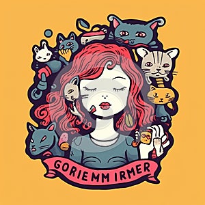 Girl with head of cat. Girl on kittys mind. cartoon drawing.