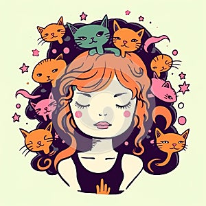 Girl with head of cat. Girl on kittys mind. cartoon drawing.