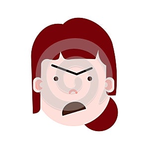 Girl head emoji with facial emotions, avatar character, woman anger face with different female emotions concept. flat
