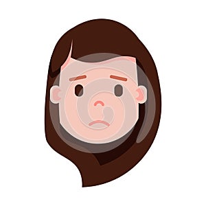 Girl head emoji with facial emotions, avatar character, woman grieved face with different female emotions concept. flat photo